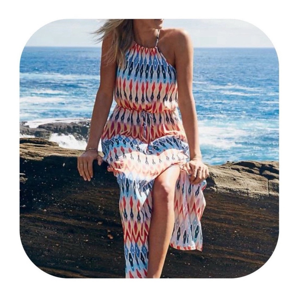 New Athleta Sunset Ikat Colorful Maxi Dress with Geometric Pattern L